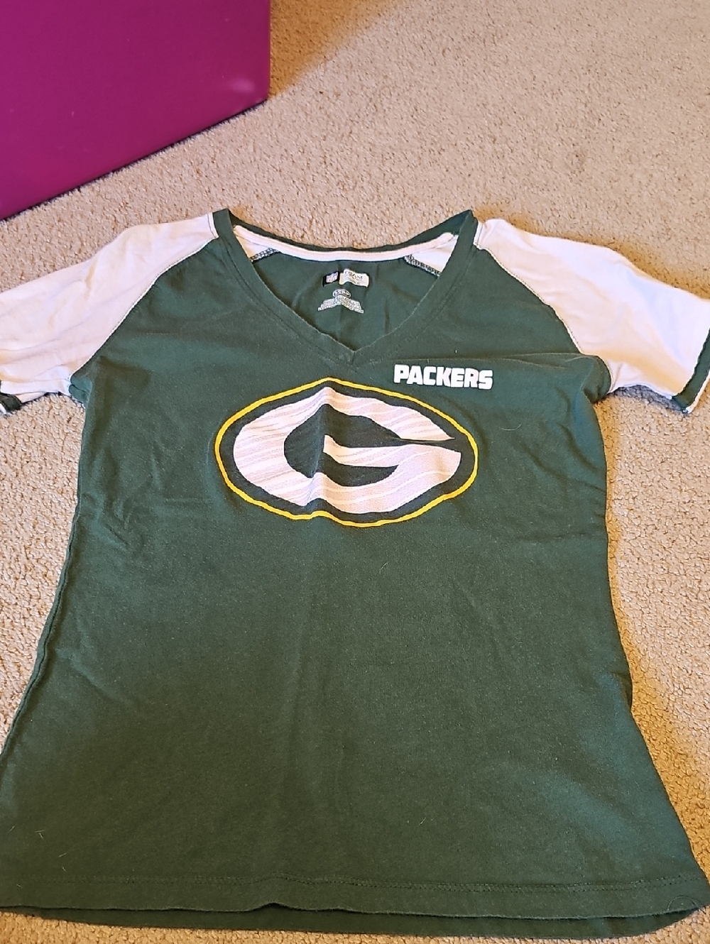 NFL Green and White Packers V-Neck Raglan Tee